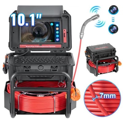VEVOR Rioolcamera, 50 m zelfnivellerende buiscamera met 10,1-inch touchscreen, 512 Hz-zender en afstandsmeter, IP67-buisinspectiecamera met 12 LED's, 32 GB-kaart, endoscoop voor rioolbuizen