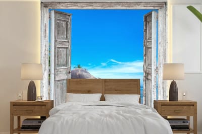 Behang - Fotobehang Strand - Tropisch - Zomer - Doorkijk - Zee - Breedte 300 cm x hoogte 300 cm