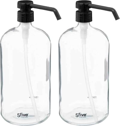 5Five Zeeppompje/dispenser - 2x - glas - transparant - 1 liter - navulbaar - toilet/badkamer/keuken