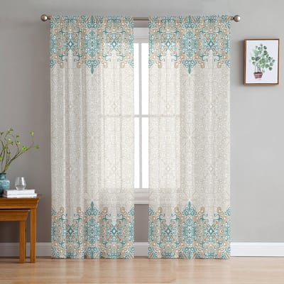 Retro Etnische Tule Gordijnen Keukendeur Gordijn Chiffon Transparant Voile Kerst Gordijnen Voor Woonkamer 135W x 114H(cm) white