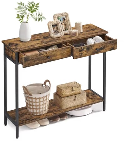 J&R Consoletafel met 2 Laden – Industriële Gangtafel – Haltafel met Opbergruimte – 100x30x80 cm – Vintage Bruin/Zwart
