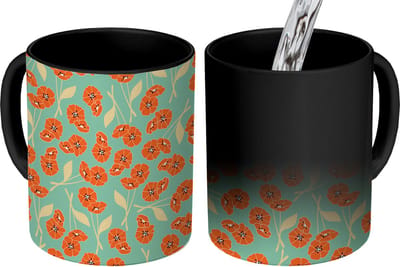 Magische Mok - Foto op Warmte Mokken - Koffiemok - Retro - Bloemen - Design - Oranje - Magic Mok - Beker - 350 ML - Theemok