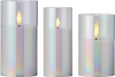 Lumineo luxe LED kaarsen - in glas - 3x st - transparant parelmoer - stompkaarsen - timer - stompkaarsen