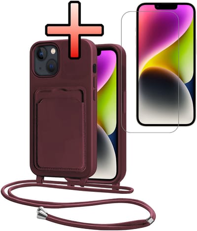 Hoes Geschikt voor iPhone 13 Hoesje Pasjeshouder Cover Met Koord Case Siliconen Hoes Met Telefoonkoord en Kaarthouder Met Screenprotector - Aubergine