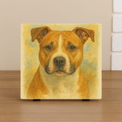 Wenstegel Stafford Hond – Aquarel Portret & Cadeau Hondenliefhebber – Trendy Nu –Decoratie – Zomaar - Hondenportret – Decoratief Tegeltje met Standaard – Cadeau Idee