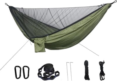 Dubbele Hangmat - Kampeerhangmat Klamboe - Ontspannen Buiten - Inclusief Klamboe - 290 x 140cm - Legergroen