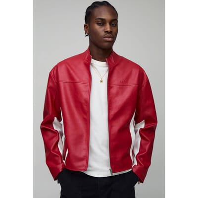 Boxy Fit Colour Block Panel PU Biker Jacket | Red | Size Small