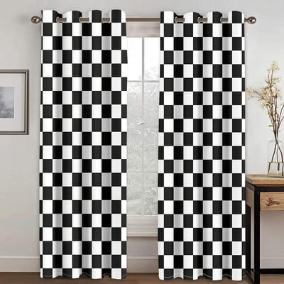 Abstracte Stijl Geometrisch Jet Zwart Wit Schaken Patroon Gordijn Woonkamer Slaapkamer Keuken Raamgordijn Huisdecoratie 2 Stuks Geen Verzendkosten 2x60Wx50H(CM)&Rod Pocket