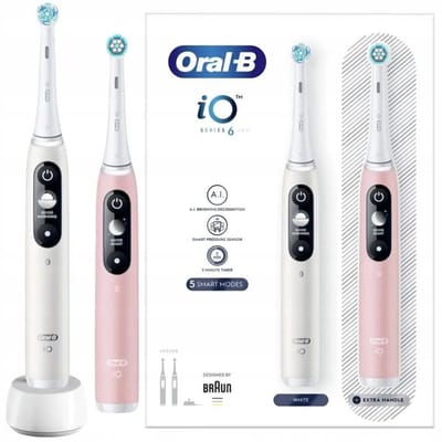 Oral-B iO Series 6 Duo - Elektrische Tandenborstel Wit & Roze - AI-technologie - 5 poetsmodi - Druksensor