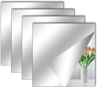 Set van 4 zelfklevende spiegelstickers, 15 x 15 cm, acryl spiegelvellen voor muur, school, thuis, woonkamer, badkamer, slaapkamerdecoratie