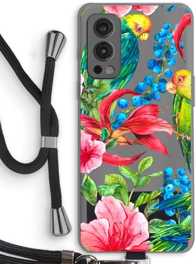Case Company® - Hoesje met koord geschikt voor OnePlus Nord 2 5G hoesje met Koord - Papegaaien - Telefoonhoesje met Zwart Koord - Bescherming aan alle Kanten en Over de Schermrand