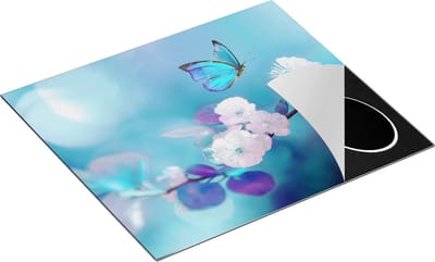 Chefcare Inductie Beschermer Blauwe Vlinder bij een Roze Bloem - 60x50 cm - Afdekplaat Inductie - Kookplaat Beschermer - Inductie Mat