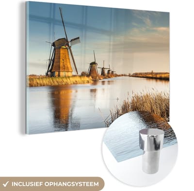 ® Glasschilderij 180x120 cm - Schilderij acrylglas - Molen - Holland - Landschap - Foto op glas - Muurdecoratie woonkamer - Wanddecoratie slaapkamer - Schilderijen
