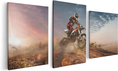Artaza Canvas Schilderij Drieluik Motorcross Op Een Heuvel Bij Zonsondergang - 120x60 - Foto Op Canvas - Canvas Print
