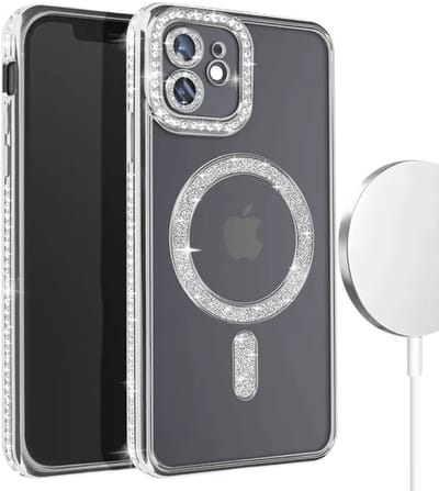 Hoesje met Diamantjes en Glitter Geschikt voor: iPhone 12 Pro Max - MagSafe Glitter Hoesje - Zilver met Diamanten steentjes - Glamour Hoesje