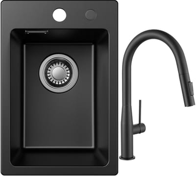 CECIPA max Spoelbak voor keuken 30x45cm - Granieten Spoelbakken Met Keukenkraan met Uittrekbare Uitloop - Enkele spoelbak Zwart - Wasbak met waterafvoersysteem