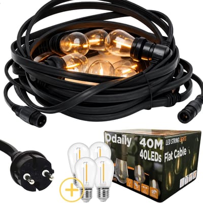 Odaily Platte Prikkabel - 40 Meter - 40 LED Lampen - Warm Wit - IP65 Lichtsnoer - Horeca Kwaliteit