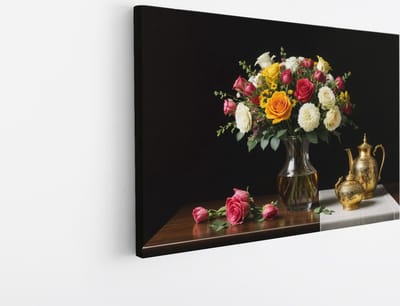 Saammp Canvas Schilderij - Klassiek Bloemen Boeket met Goud - Natuur - Abstract - 45x30 - Foto op canvas - Wanddecoratie - Muurdecoratie Woonkamer - Kantoor Decoratie