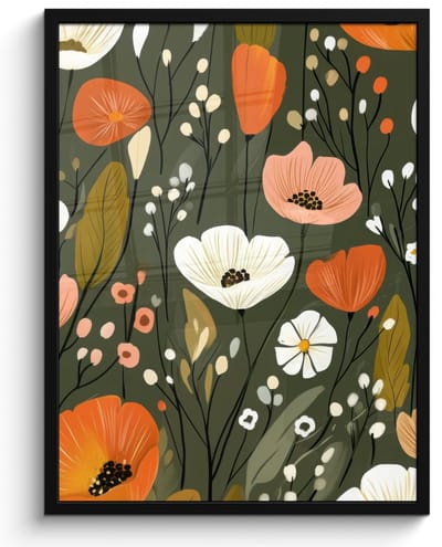 Poster in lijst - Fotolijst 50x70 cm - Posters - Bloemen - Illustratie - Groen - Posterlijst zwart - Decoratie - Wanddecoratie woonkamer - Muurdecoratie slaapkamer