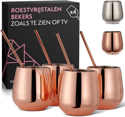 JHUBERS- Wijnglazen Set - 4 Roestvrijstalen Steelloze Wijnglazen - Dubbelwandig - Onbreekbaar - Herbruikbaar - Inclusief Rietjes & Borstel - Drinkglazen