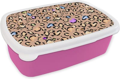 Broodtrommel Roze - Lunchbox Panterprint - Regenboog - Patroon - Brooddoos 18x12x6 cm - Brood lunch box - Broodtrommels voor kinderen en volwassenen