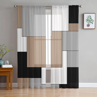 Rideaux Voilages Patchwork Abstraits Marron Gris pour Décoration de Salon Rideaux de Fenêtre Cuisine Tulle Voile Organza W135 x H115cm x1 white