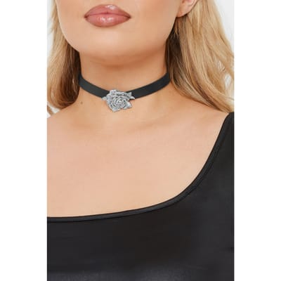 Yours Chokerketting Met Bloemenhanger Met Diamantjes En Gespband In Zwart/Zilversize One Size