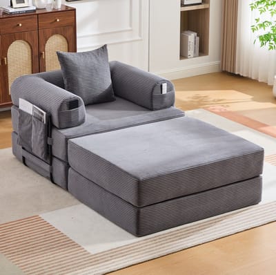 DESMIU Fauteuil 190 x 112 x 67 cm - Ergonomisch Met Hocker, Kussen En Opbergvak - Voor Woonkamer En Slaapkamer - Cord Donkergrijs