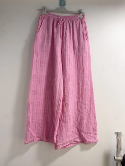 Linnen broek met zij zakken- elastische talie - gestreept - kleur ROZE - Maat 40/42
