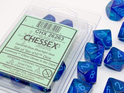 Chessex Gemini blauw-blauw/lichtblauw Luminary Dobbelsteenset (10 stuks)