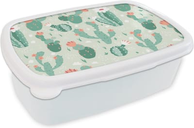Broodtrommel Wit - Lunchbox - Brooddoos - Cactus - Patronen - Bloem - 18x12x6 cm - Volwassenen
