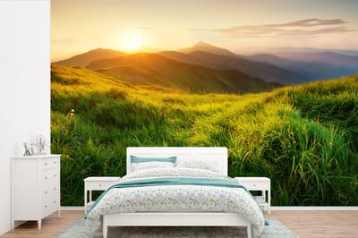 Behang - Fotobehang Gras - Heuvels - Zon - Natuur - Landschap - Breedte 360 cm x hoogte 240 cm