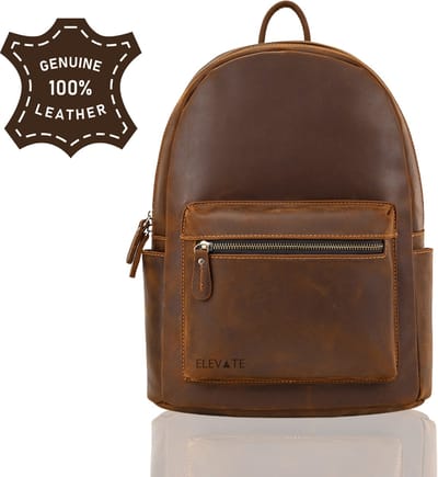 ELEVATE® Premium Leren Rugtas – 100% Echt Leer – Handgemaakt – Unisex – Vintage Full-Grain Rugzak – Waterafstotend – Cognac Bruin