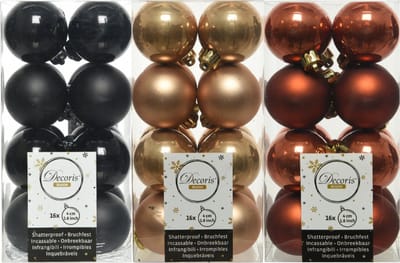 48x Stuks kunststof kerstballen mix zwart/terra bruin/camel bruin 4 cm - Kleine kerstballetjes - Kerstboomversiering