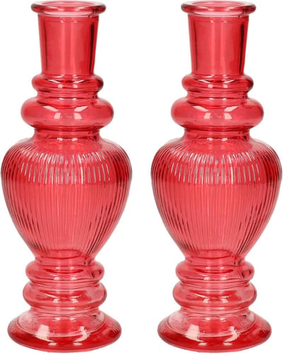 Ideas 4 Seasons Bloemenvaas Venice - 2x - voor kleine stelen/boeketten - gekleurd sierglas - ribbel koraal rood - D5.7 x H15 cm