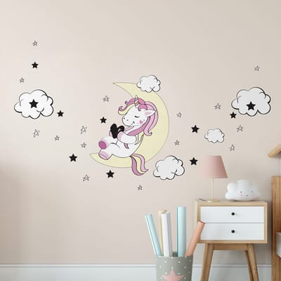Muurstickers - Eenhoornvriend van de Maan en de Sterren - Zelfklevende stickers - 120x80cm
