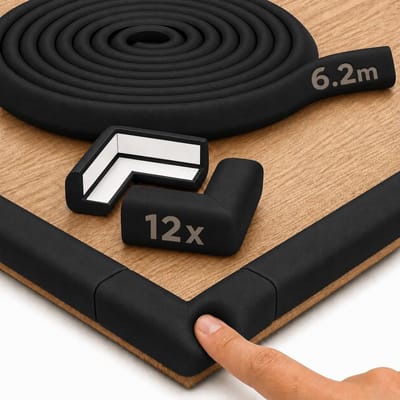 Randbescherming Baby van Schuimrubber – 6,2m Tafelrandbescherming & 12x Hoekbeschermers – Zelfklevende Dubbelzijdige Foam Tape voor Meubels & Babybed (Zwart)