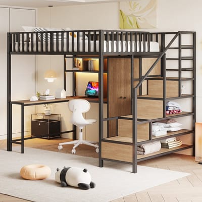 Sweiko Hoogslaper - 140 x 200 cm - Met bureau - Opbergplanken - Kledingkast - Oplaadpunten - LED verlichting - Metalen frame - Zwart