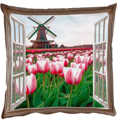 Sierkussens - Kussentjes Woonkamer - 50x50 cm - Doorkijk - Tulpen - Bloemen - Molen - Raam