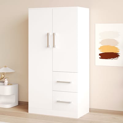 DESMIU Kledingkast - Dubbele Deuren Met 2 Laden En Ruim Opbergvak - Voor Kinderkamer En Jeugdkamer - Hout - 70x40x135 Cm - Wit