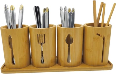 Bestek Houder Set - 4 Keukengerei Houder Organizer met Bamboe Tray | Decoratieve Keuken Aanrecht Bestek Stand