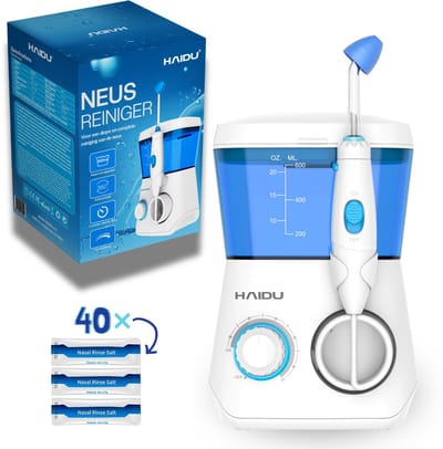HAIDU Neusdouche Pro + 40 Zakjes Spoelzout – Elektrische Neusspoeler bij Verkoudheid en Verstopte Neus – 10 Standen – 600ml