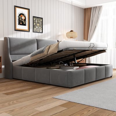 Gestoffeerd tweepersoonsbed met hydraulische opbergbox - voor slaapkamer en logeerkamer - 180x200 cm - Grijs fluweel - Oorvormig hoofdeinde met kussens - Inclusief lattenbodem - 300 kg draagvermogen