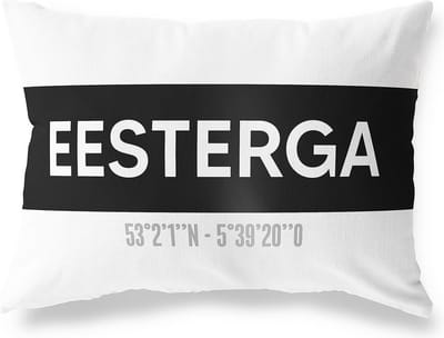 Tuinkussen EESTERGA - FRIESLAND met coördinaten - Buitenkussen - Bootkussen - Weerbestendig - Jouw Plaats - Studio216 - Modern - Zwart-Wit - 50x30cm