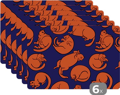 Placemat - Placemats kunststof - Slapen - Kat - Patronen - 45x30 cm - 6 stuks - Hittebestendig - Anti-Slip - Onderlegger - Afneembaar