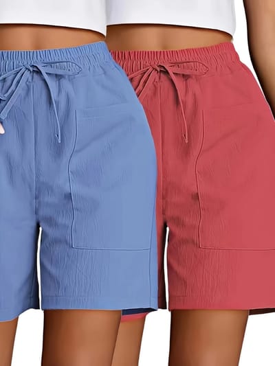 Livano Korte Broek Dames - Spijkerbroek - met Zakken - Volwassenen - Jongens - Shorts - 2 Pcs - Blauw + Oranje - Maat S
