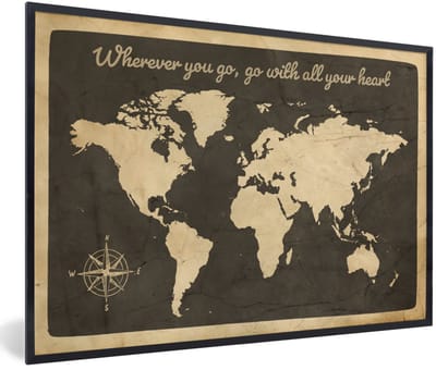 Poster in lijst - Fotolijst 90x60 cm - Posters - Wereldkaart - Kompasroos - Quote - Posterlijst zwart - Decoratie - Wanddecoratie woonkamer - Muurdecoratie slaapkamer