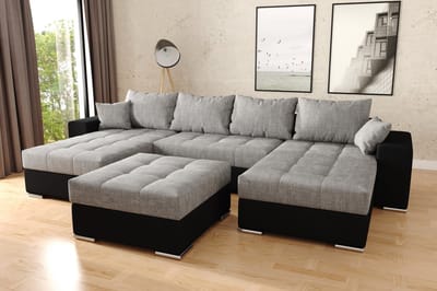 Hoekbank Best Met hocker - zwart en grijs - Hoeksalon met bed en opbergruimte - Hoekzetel wooneiland inclusief poef ' met slaapfunctie en storage '