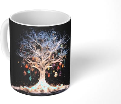 Mok - Koffiemok - Sneeuwboom - Lichtjes - Wit - Kleurrijk - Mokken - 350 ML - Beker - Koffiemokken - Theemok