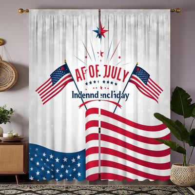 2 pièces HD Juillet Jour de l'Indépendance Drapeau américain rideau décoratif Rideau imprimé numérique à cravate rouge Style Décoration d'intérieur Décorati W52H63inchW132H160cm white